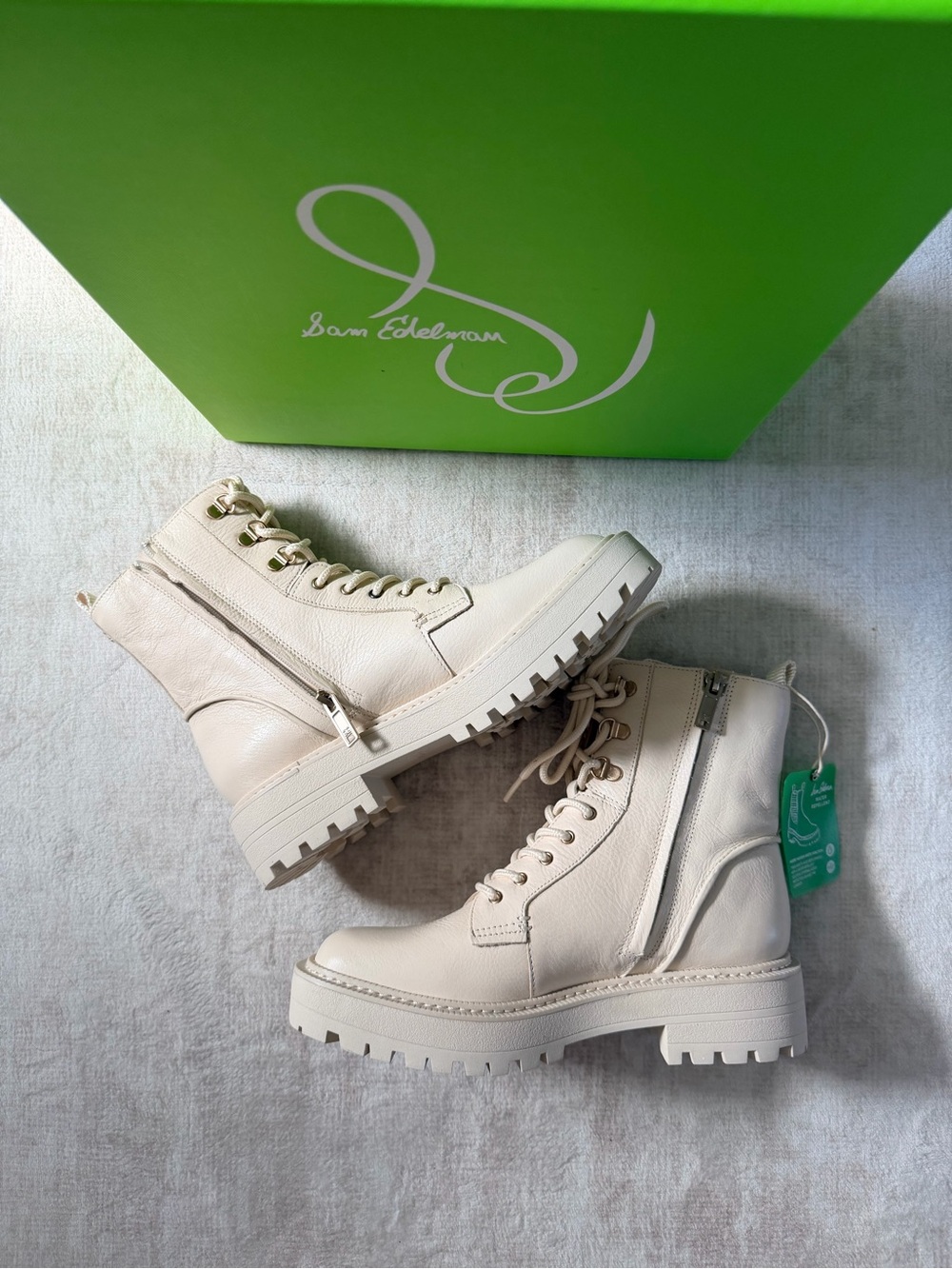 Sam Edelman Cream Lace-Up Lug Sole Combat Boots